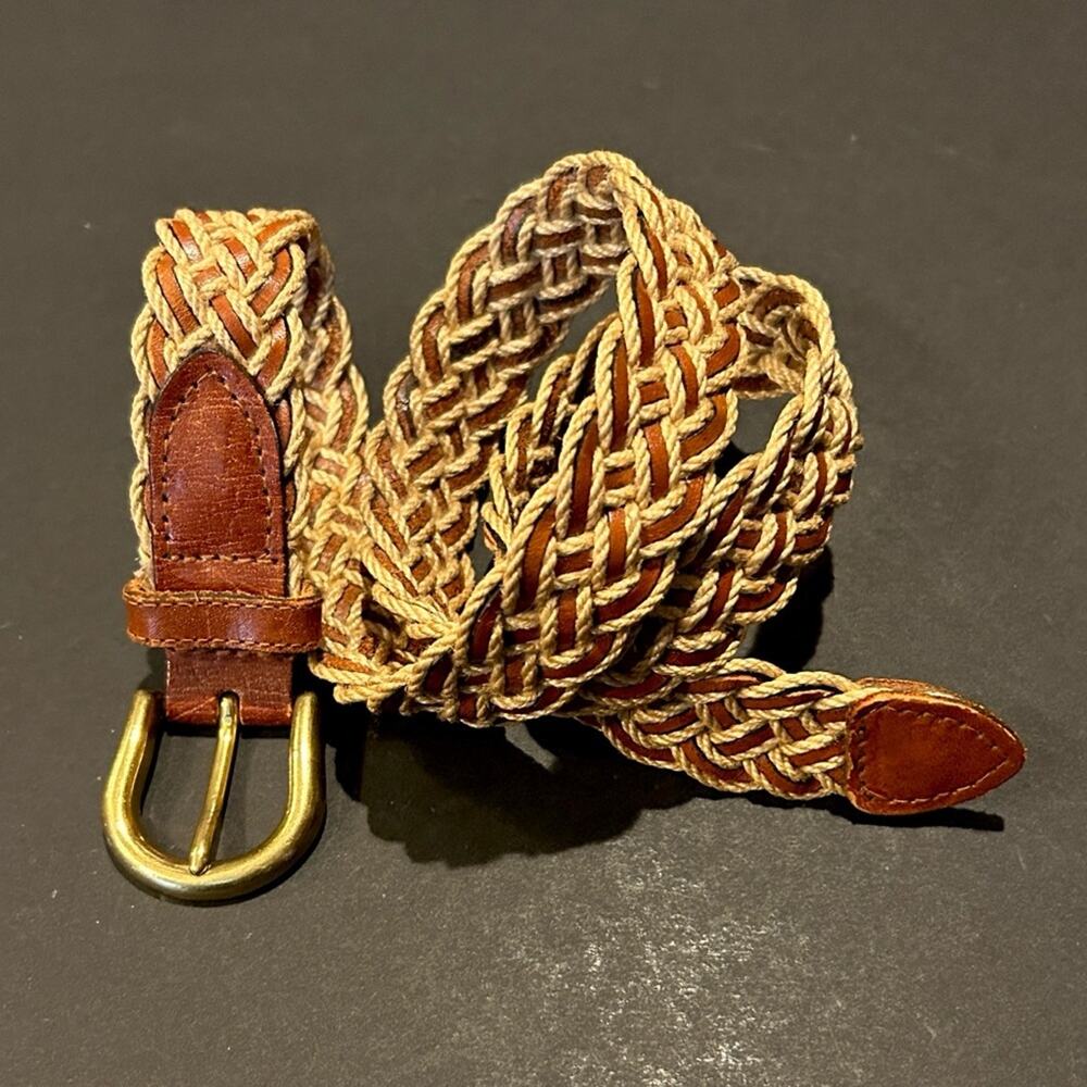 Women’s Braided Leather and Cord Belt, Tan and Brown, Solid Brass Buckle, Size S